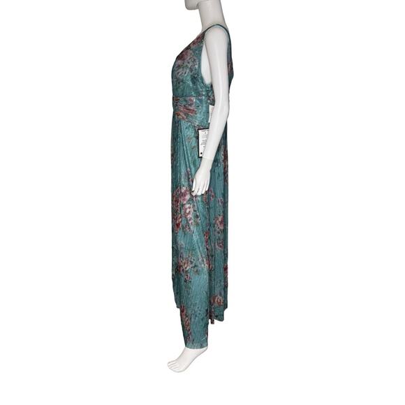 R & M Richards Women's Metallic Floral Print Sleeveless Gown Turquoise Sz 12 - Picture 4 of 10